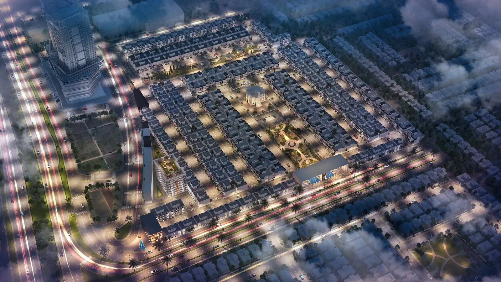 Serene Villas. Aerial at night